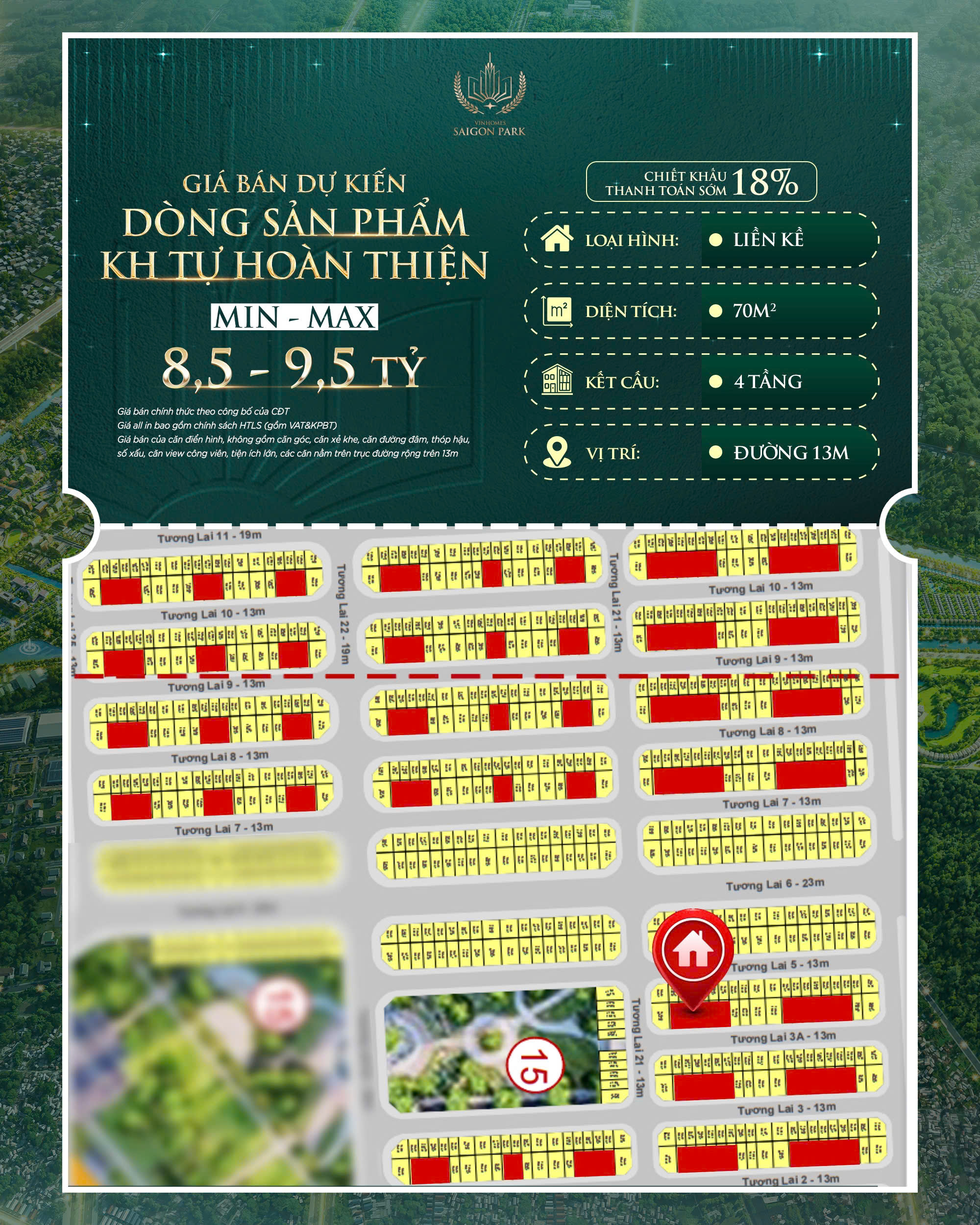 Giá bán liền kề KH tự hoàn thiện 70m² Vinhomes Sài Gòn Park